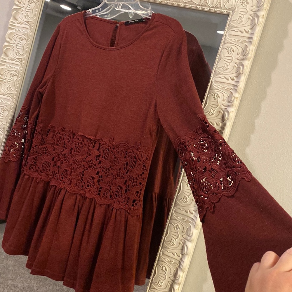 Peplum bell sleeve sweater with lace, size medium